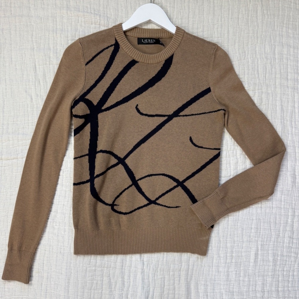 Lauren Ralph Lauren Women Brown Abstract Graphic Crewneck Sweater Size XS Preppy